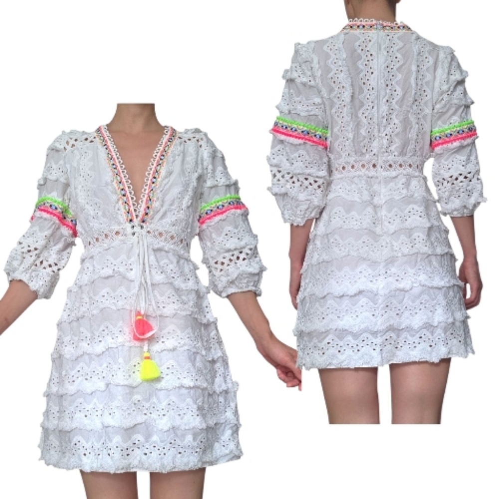 Galita Ruffled Eyelet Embroidered Neon Colors Tassel White Cotton dress Size M